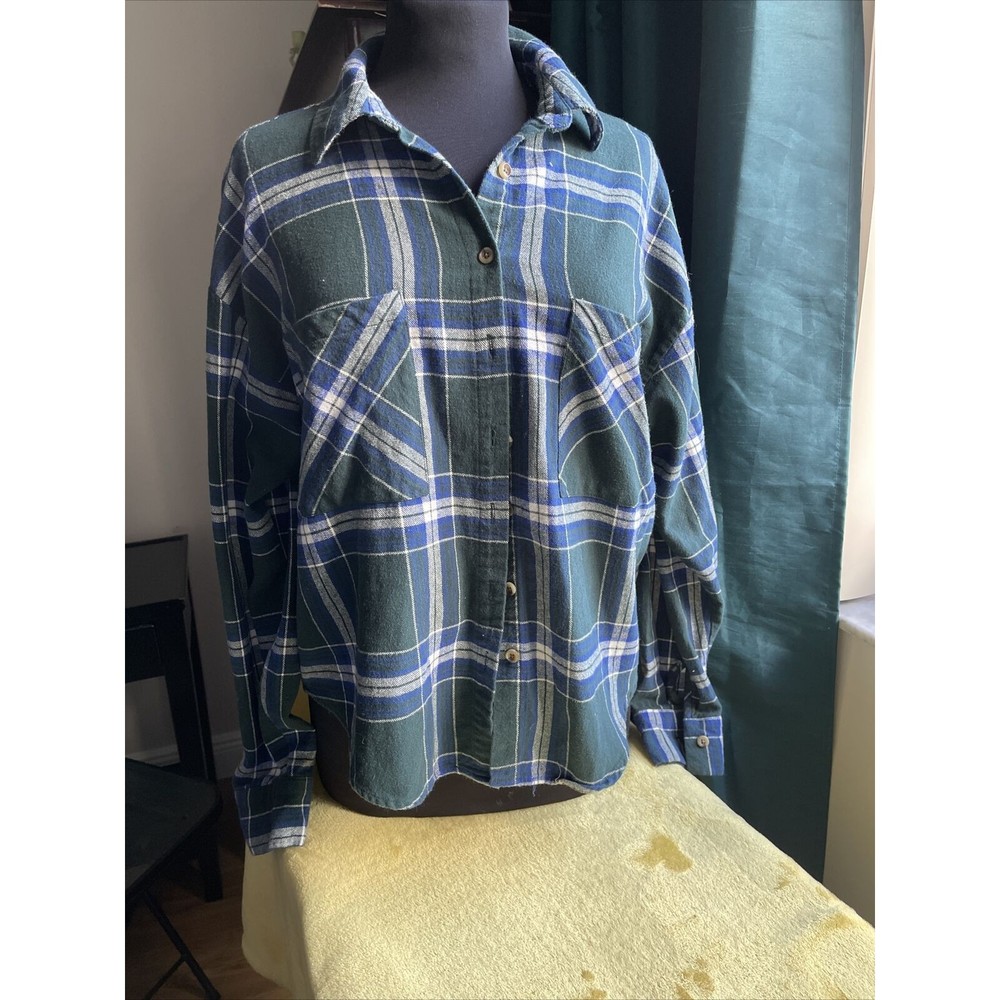 Forever 21 Plaid Flannel Shirt Green Blue Long  Sleeve Button Front S